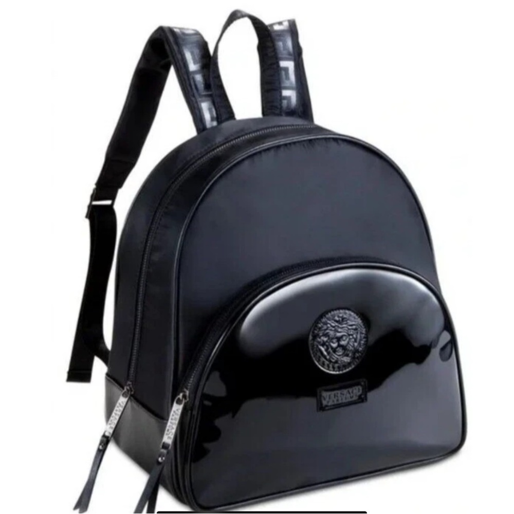 Versace Medusa head black faux patent leather nylon backpack